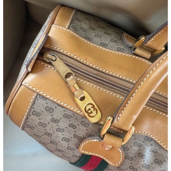 Certified Authentic Vintage Gucci Boston Web Micro GG Canvas Tan Leather Bag - Picture 13 of 14